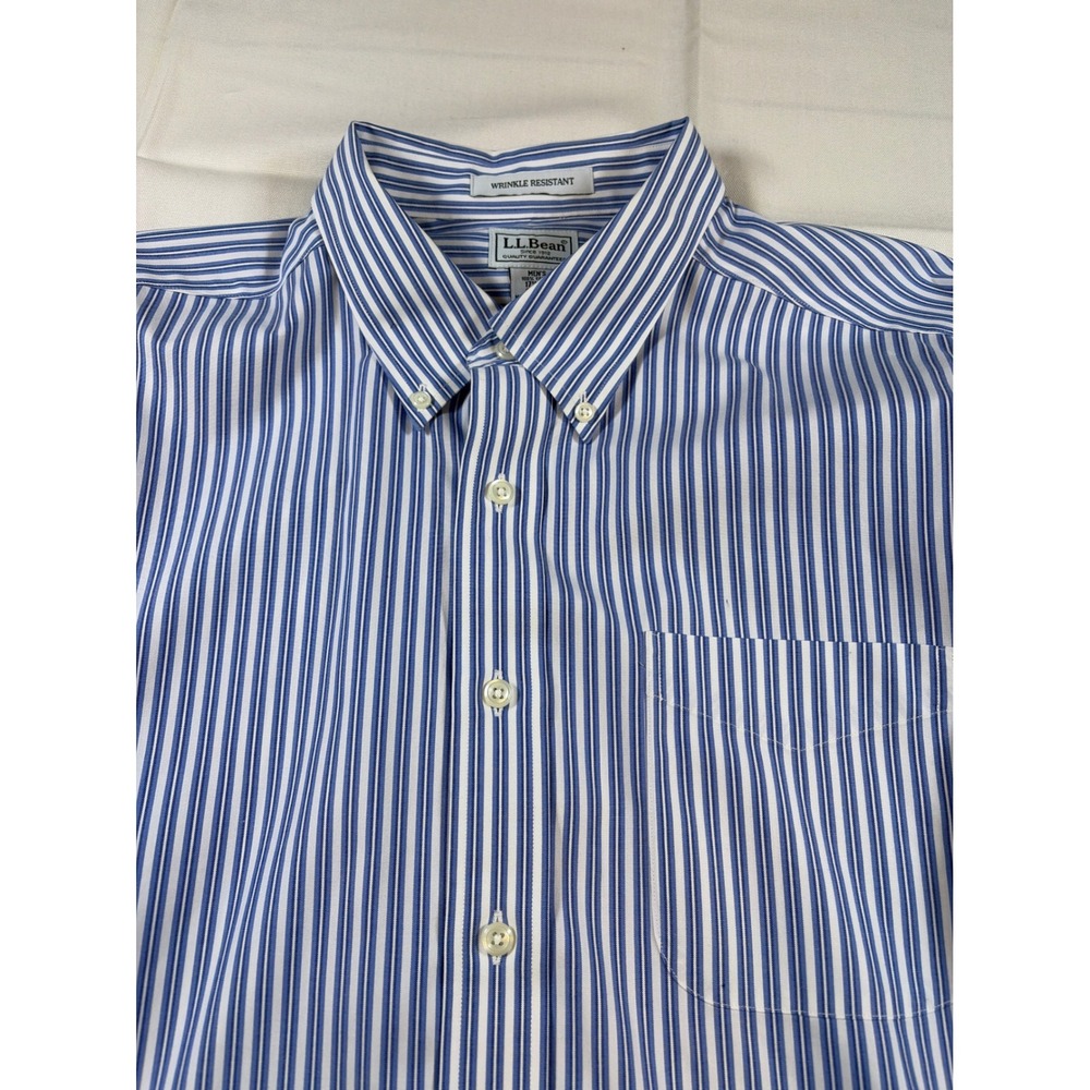 LL Bean Mens Striped Button Down Shirt Blue White Wrinkle Resistant 17.5 35 - Picture 6 of 7